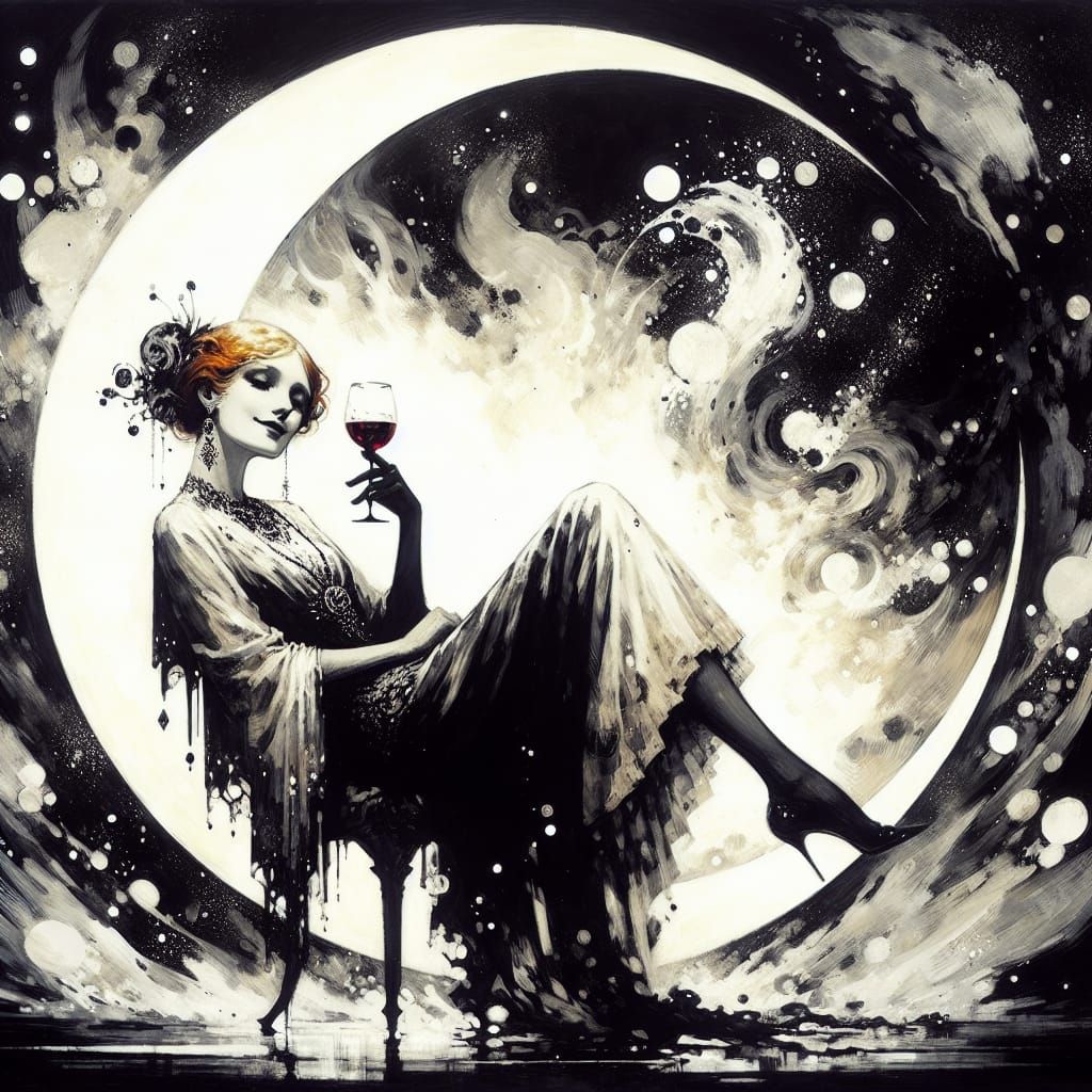 Elegant Woman in Crescent Moon Fantasy Illustration