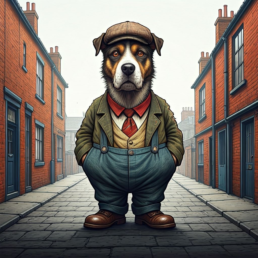 Mongrel Dog in Working Class Attire: Satirical Illustration