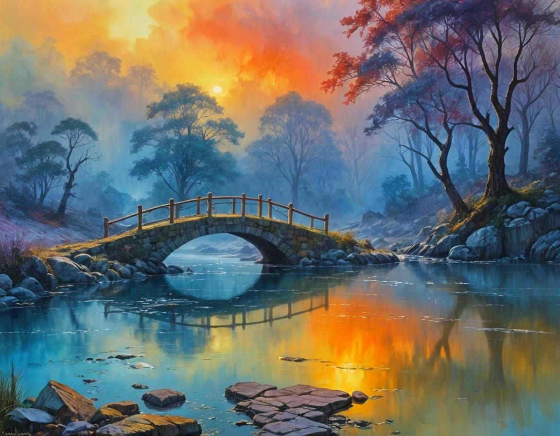 Surreal Golden Bridge Amidst Rocky Stream