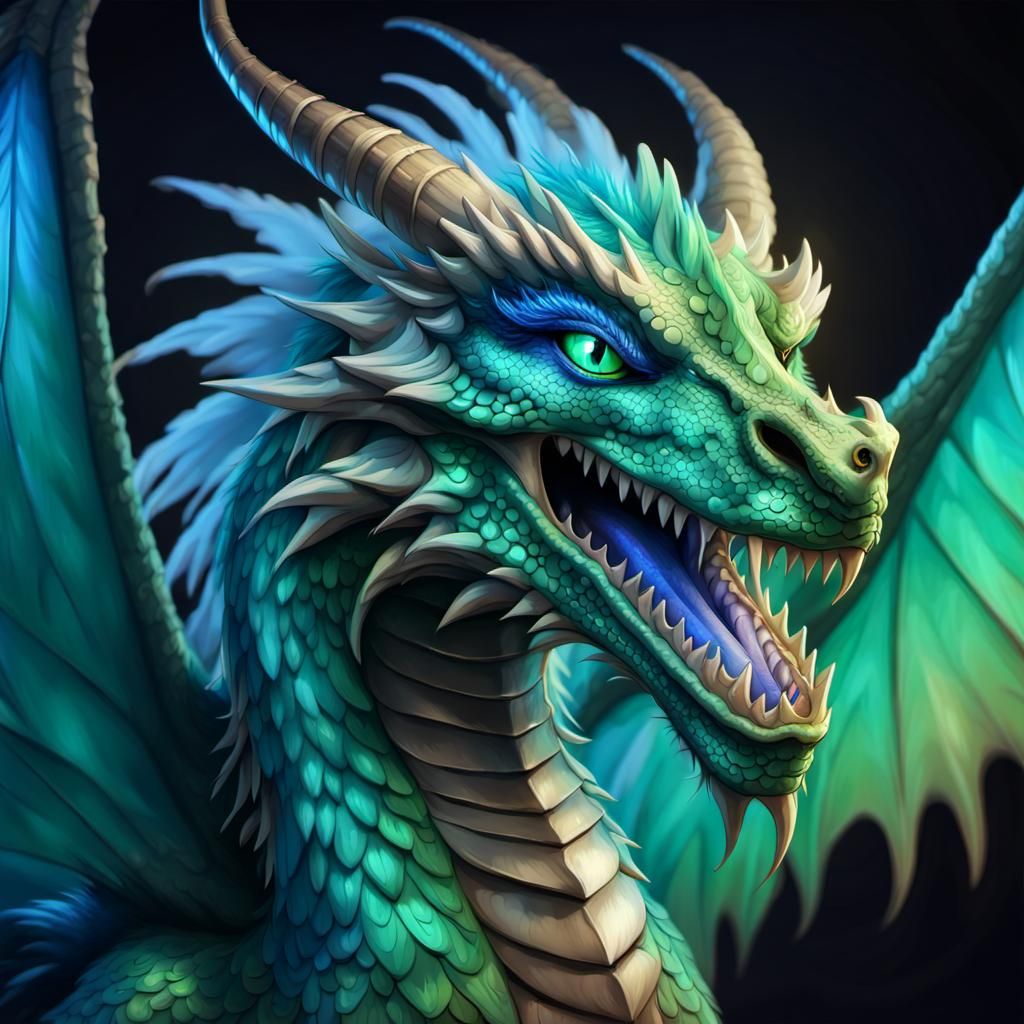 Iridescent Feathered Dragon with Green Wings