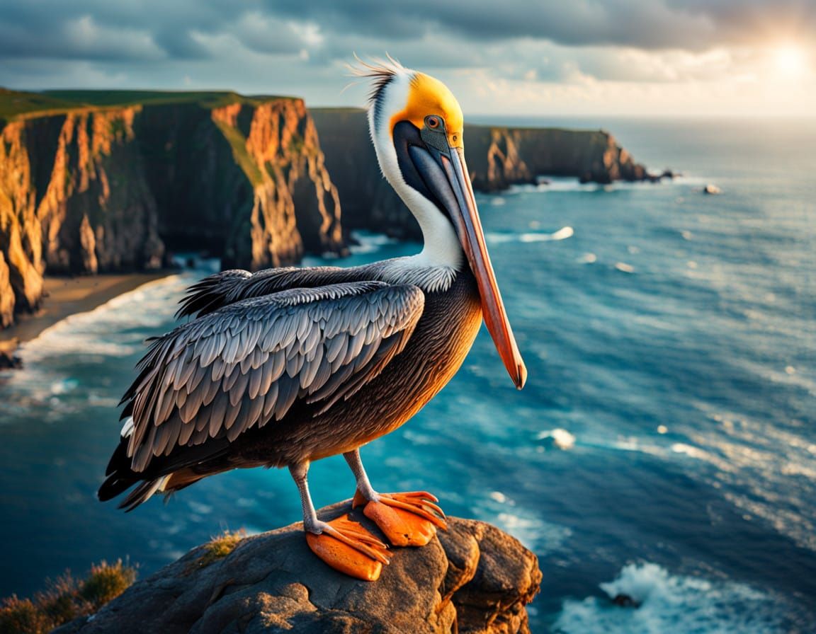 Glowing Pelican Animatronic Against Ocean Cliffs