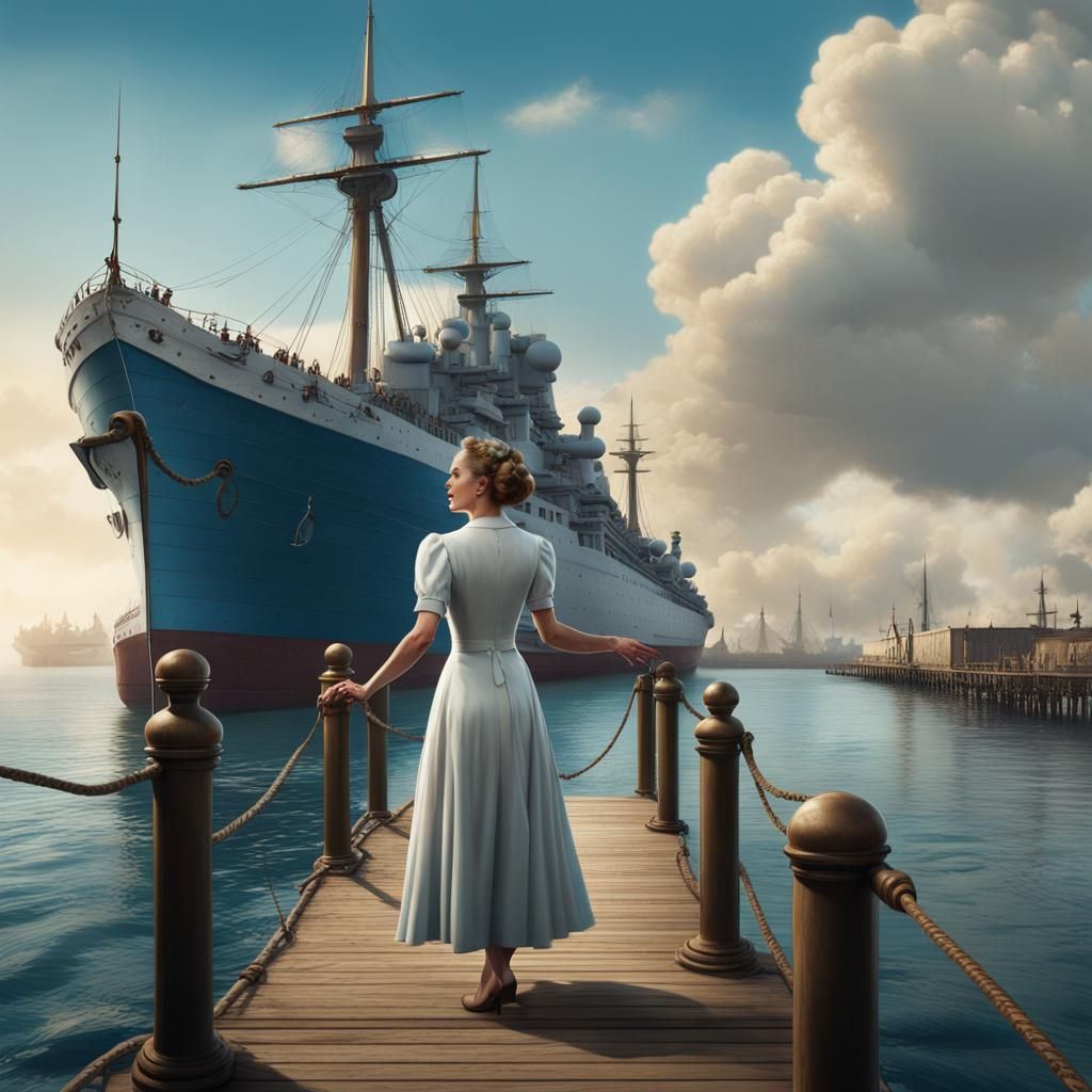 1940s Woman Waves Goodbye to Ship