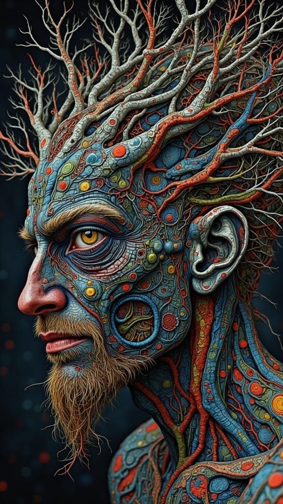 Surreal Bioluminescent Man with Fractal Canopy