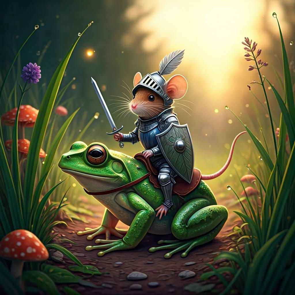 Mouse Knight's Dawn Meadow Ride: Fantasy Illustration