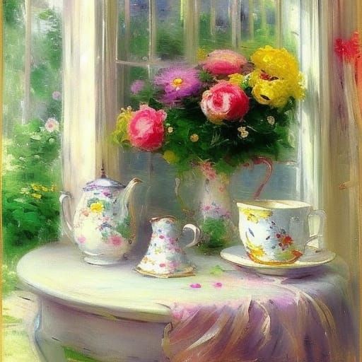 Colorful Window Sill Still Life Oil Painting