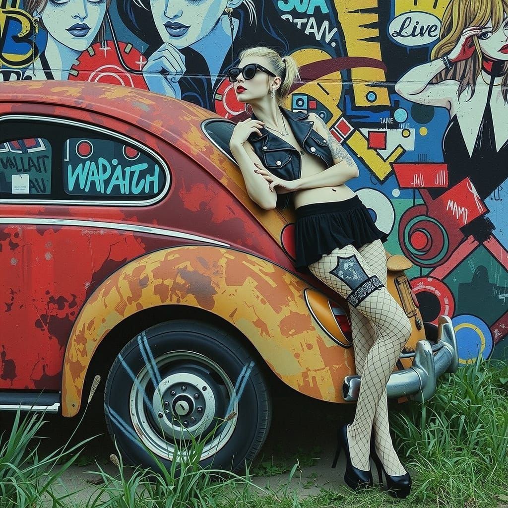 Gothic Model Poses by Graffiti VW Beetle