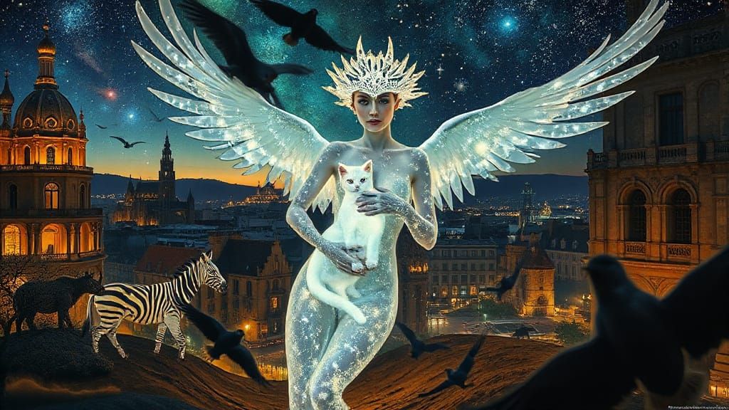 Ethereal Bird-Headed Woman in Gaudí's Dreamscape