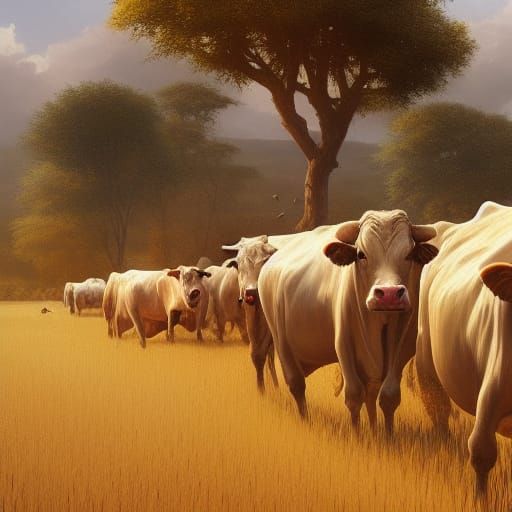 Cows Ploughing Field in African Village, Hyperdetailed Art