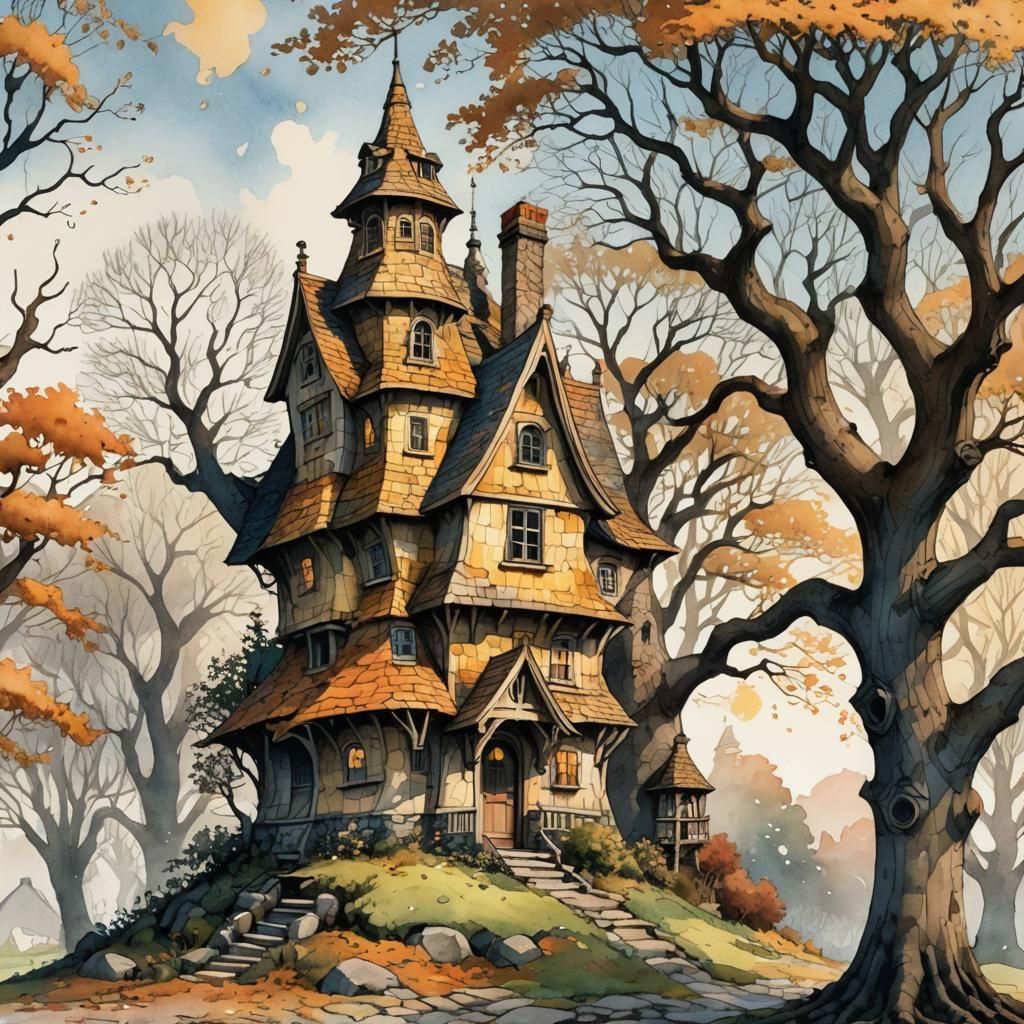 Whimsical House with Tower in Ink Illustration Style