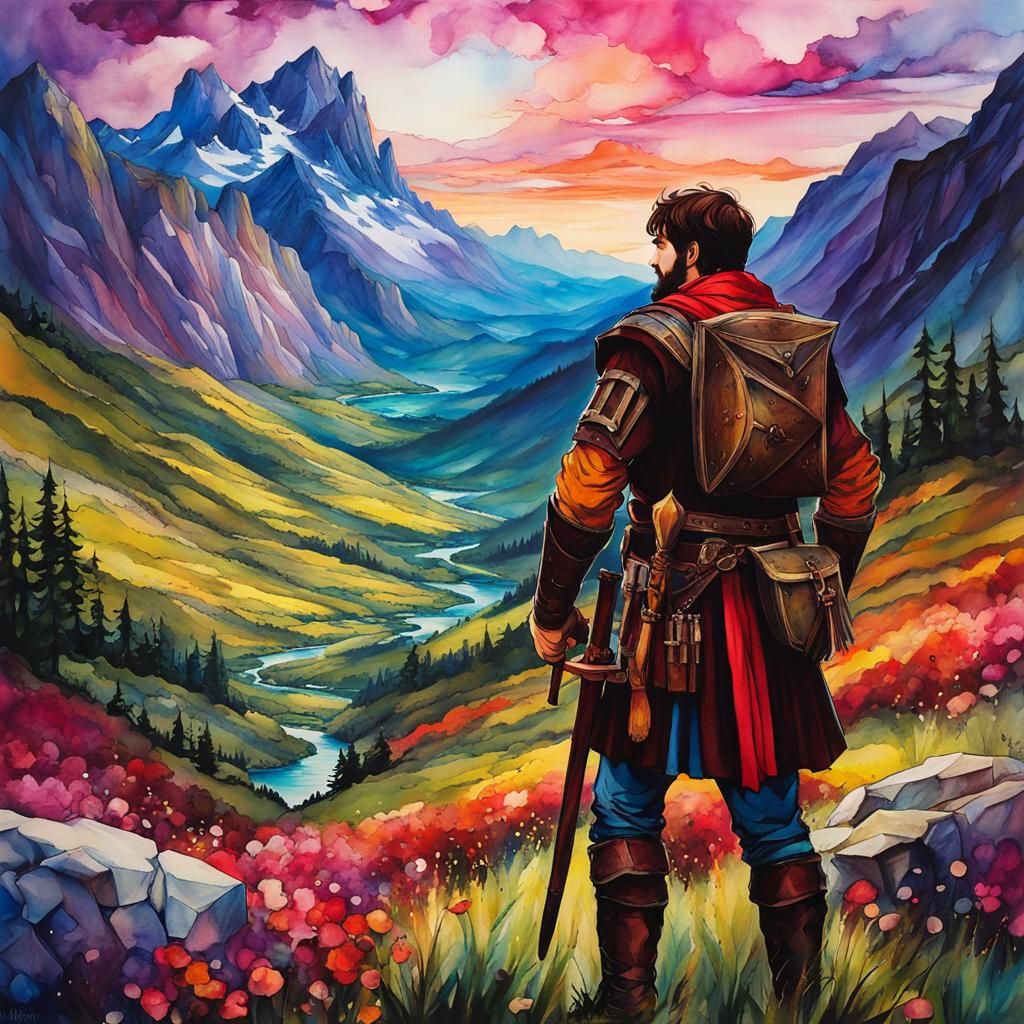 Medieval Ranger in Mountain Valley, Alcohol Ink Art