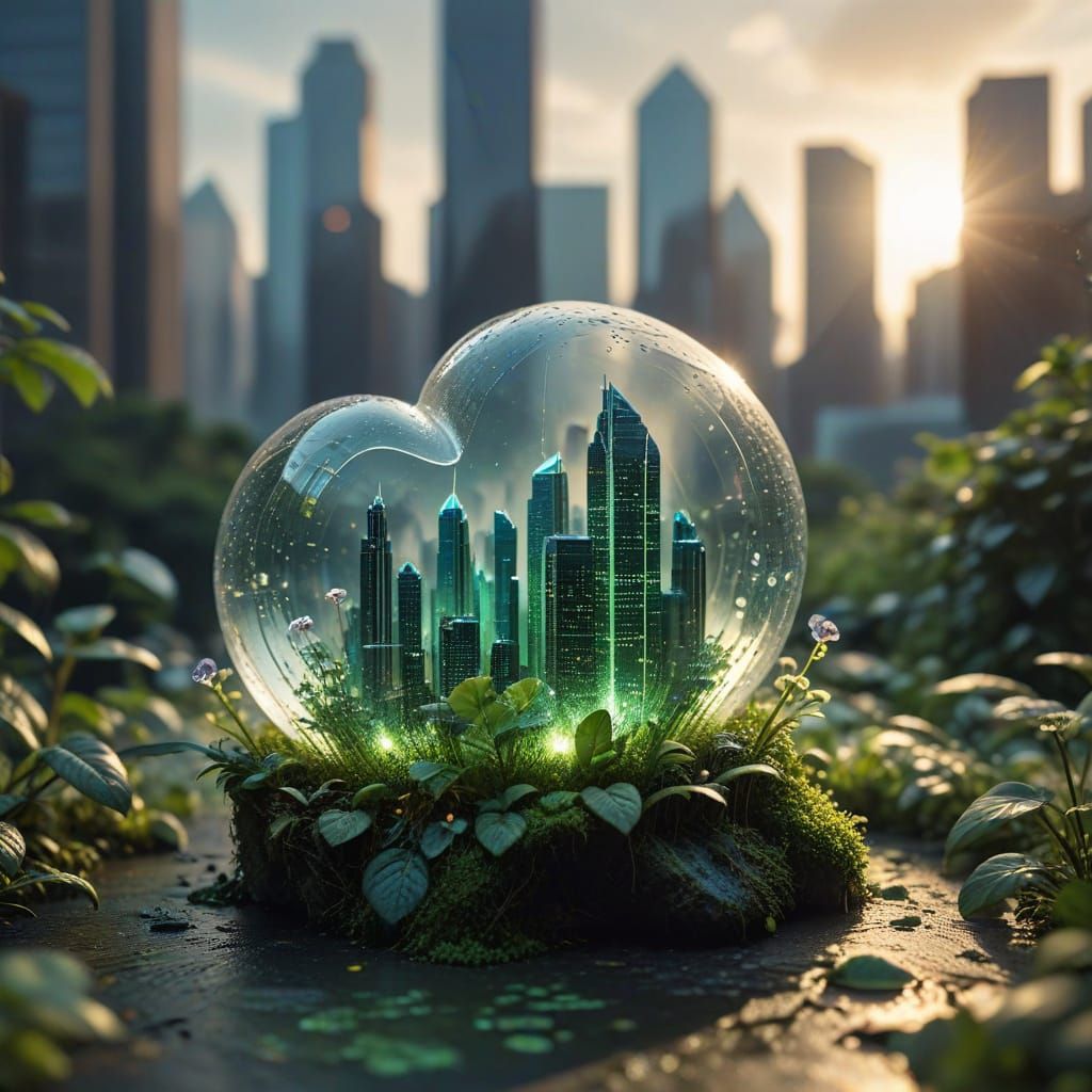 Miniature Metropolis on a Vibrant Green Leaf