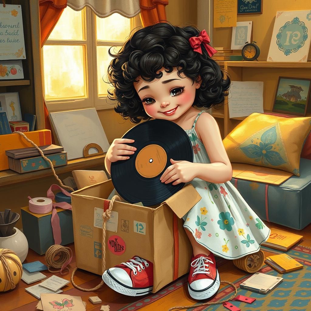 Girl Packs Record: Gouache Painting with Nostalgic Details