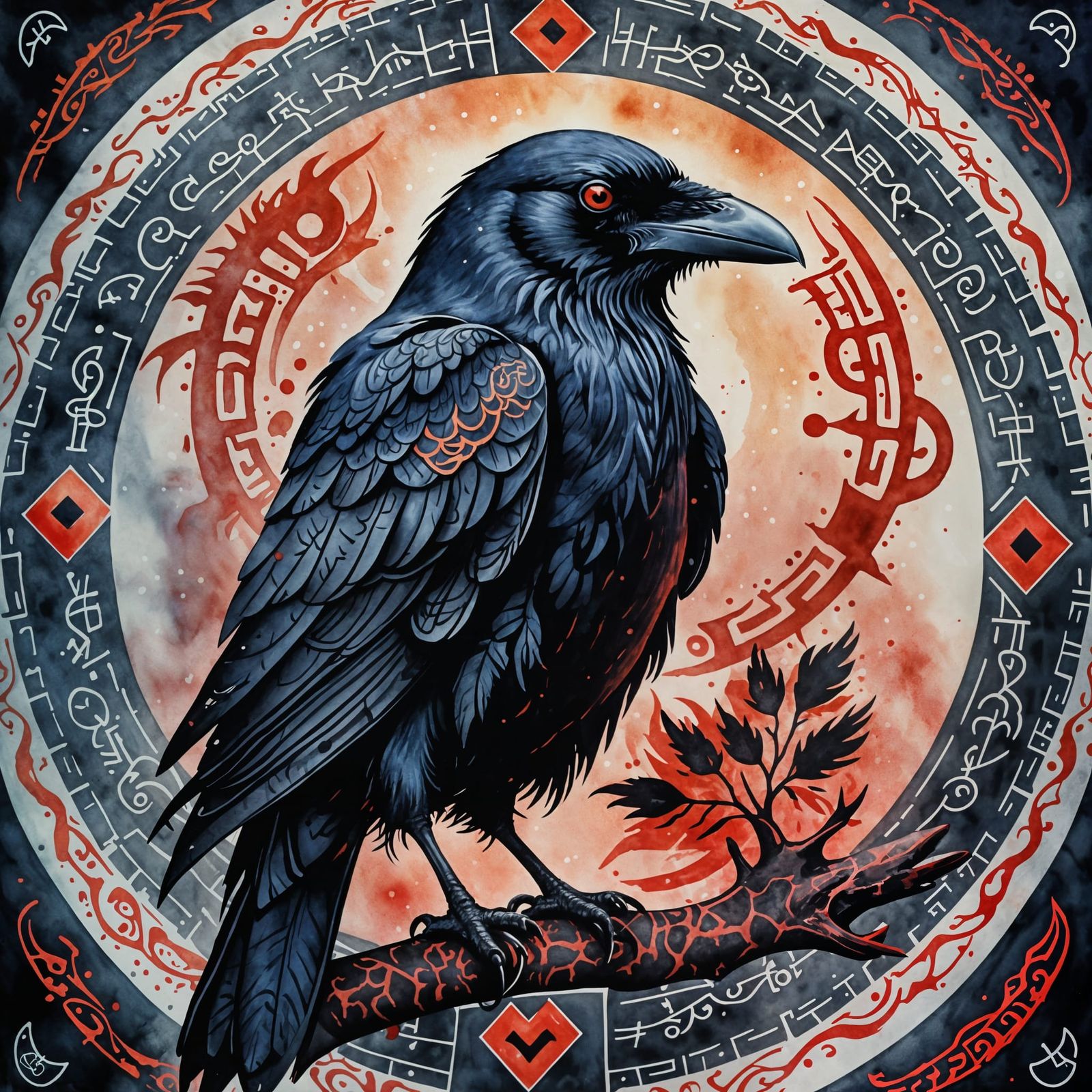 Majestic Nordic Raven in Vibrant Watercolor