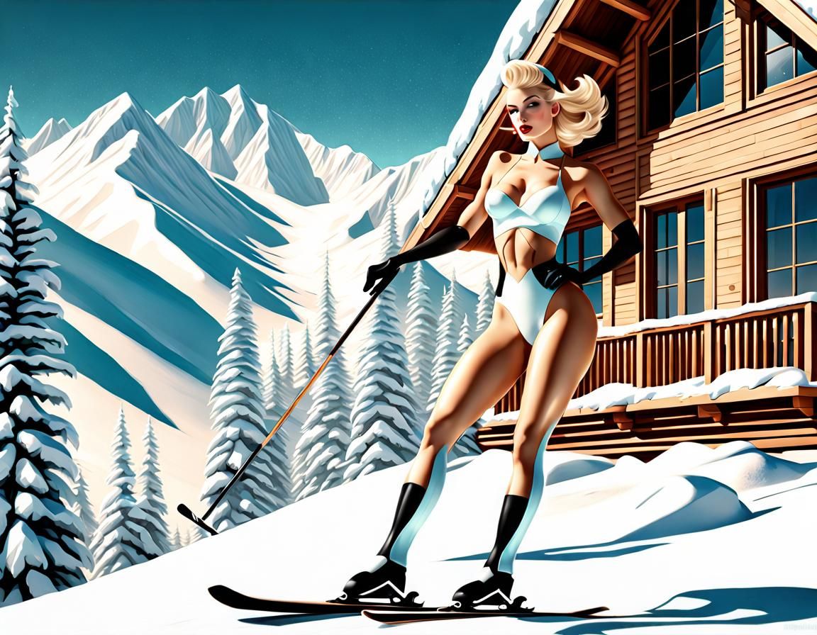 Alberto Vargas inspired beautiful  blonde pinup ski girl