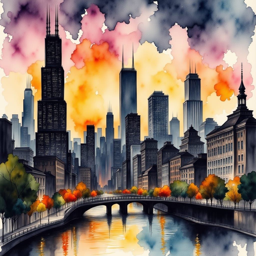 Vibrant Watercolor Chicago Skyline at Dusk
