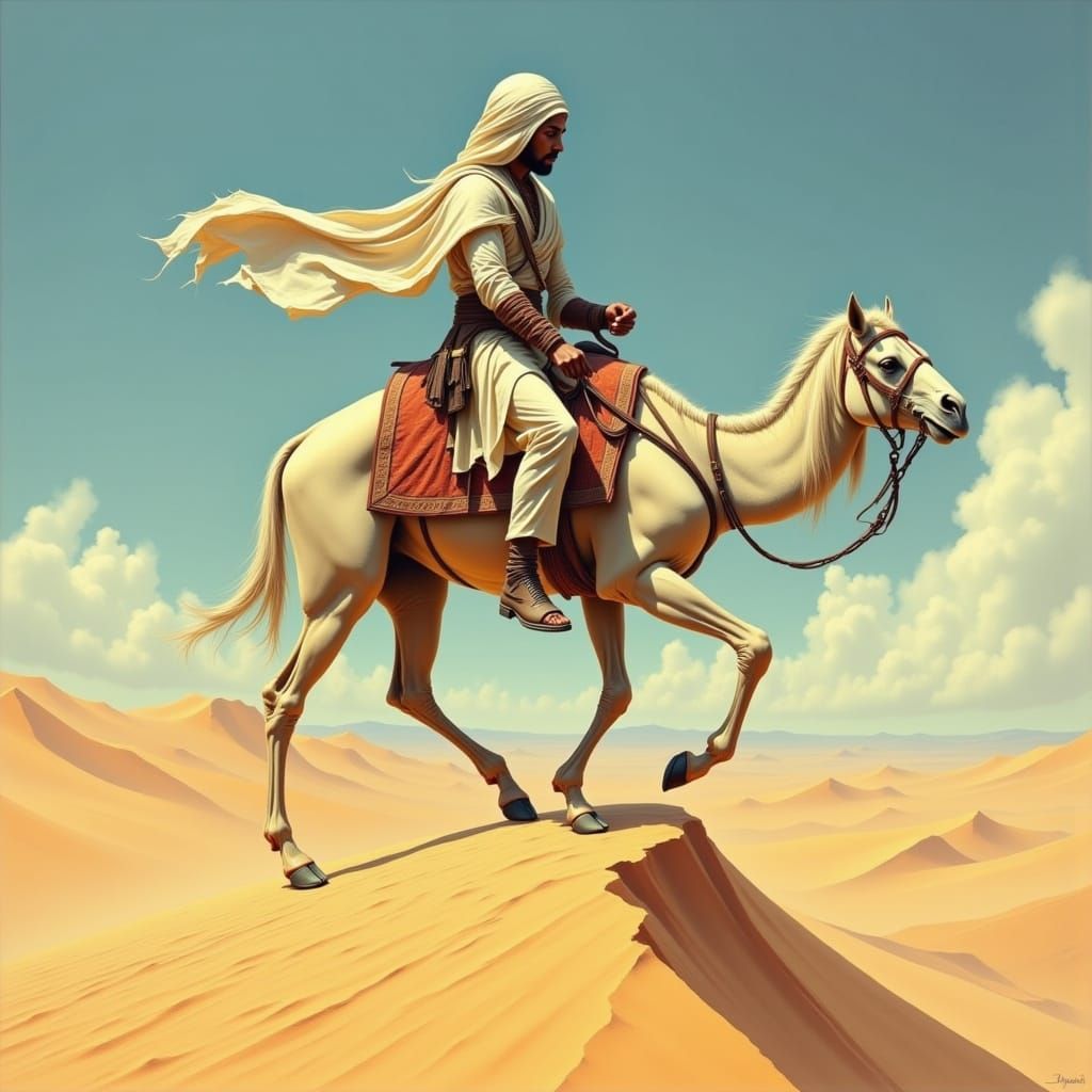 Fairy Bedouin Trekking a High Sand Dune