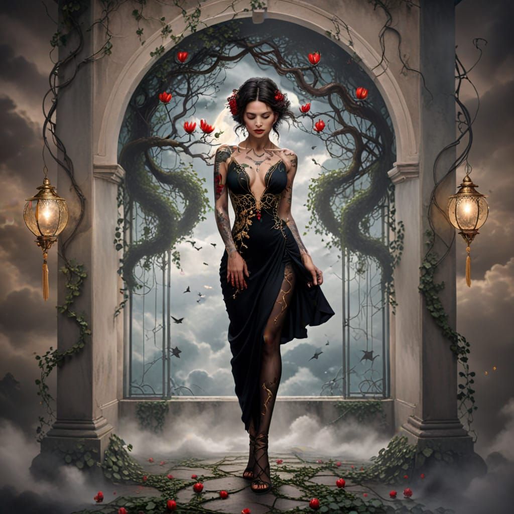 Elegant Woman Embraces the Stormy Night in a Tapestry of Bot...