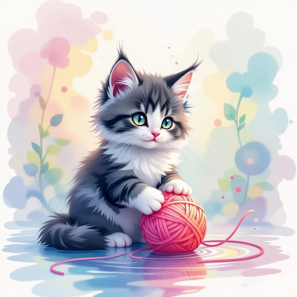 Mischievous Ink Cat Plays with Liquid Yarn