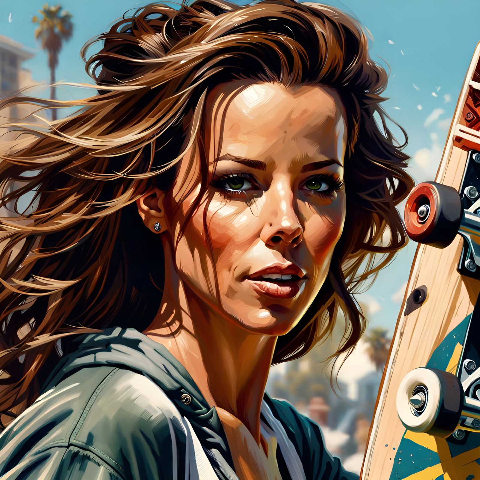 Kate Beckinsale Skateboarding Portrait in Digital Illustrati...