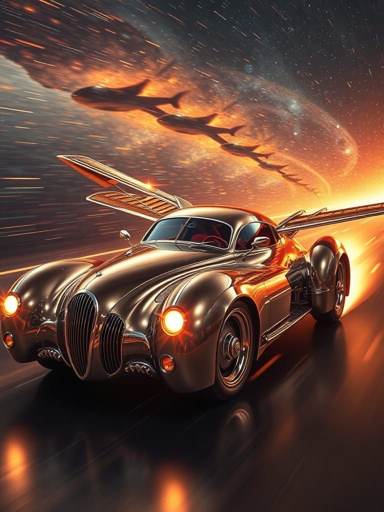 Futuristic Steampunk Car Soaring to the Galaxy