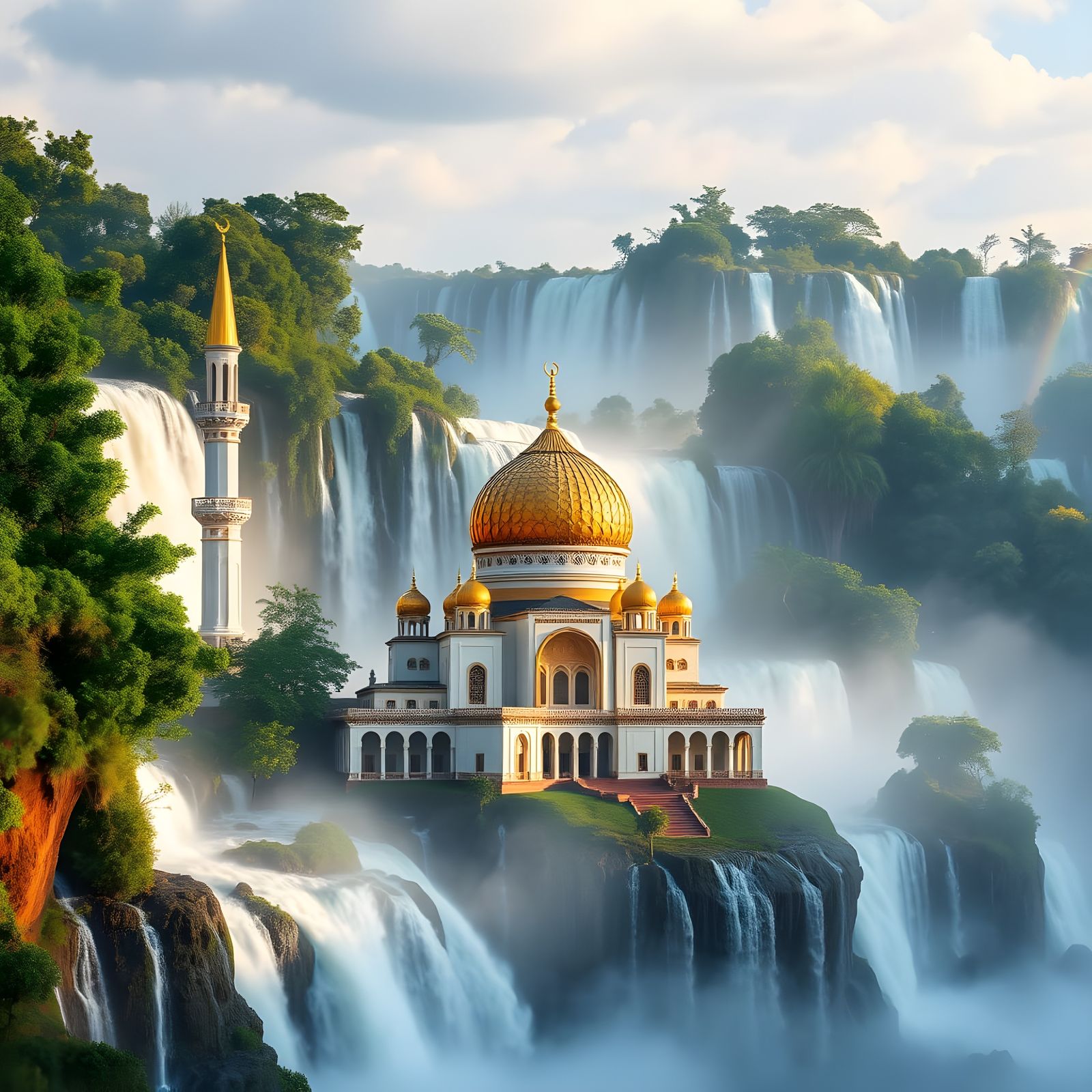 Surreal Iguazu Falls Scene with Ancient Mosque Amidst Lush R...