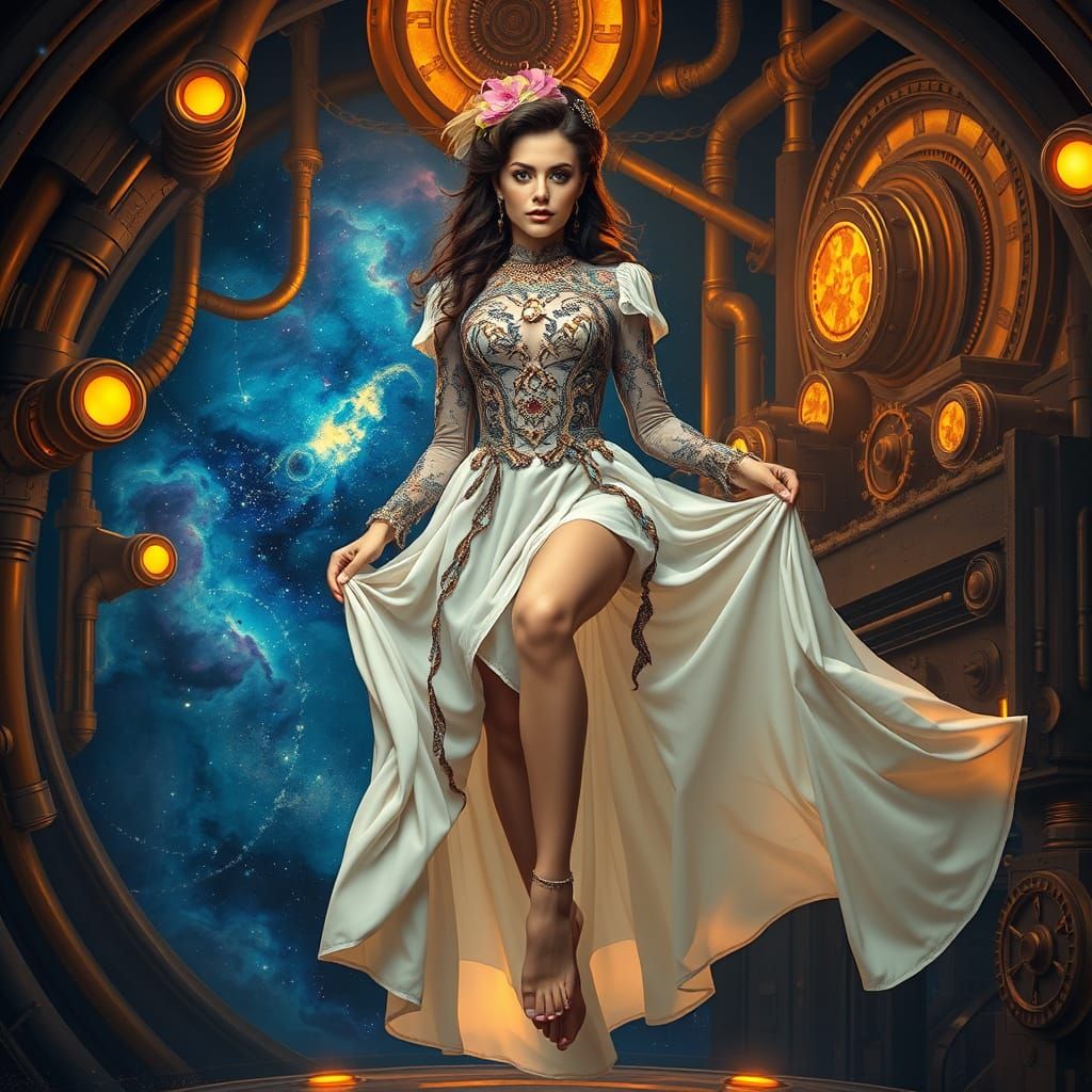 Victorian Woman Reveals Feet in Steampunk Art Nouveau