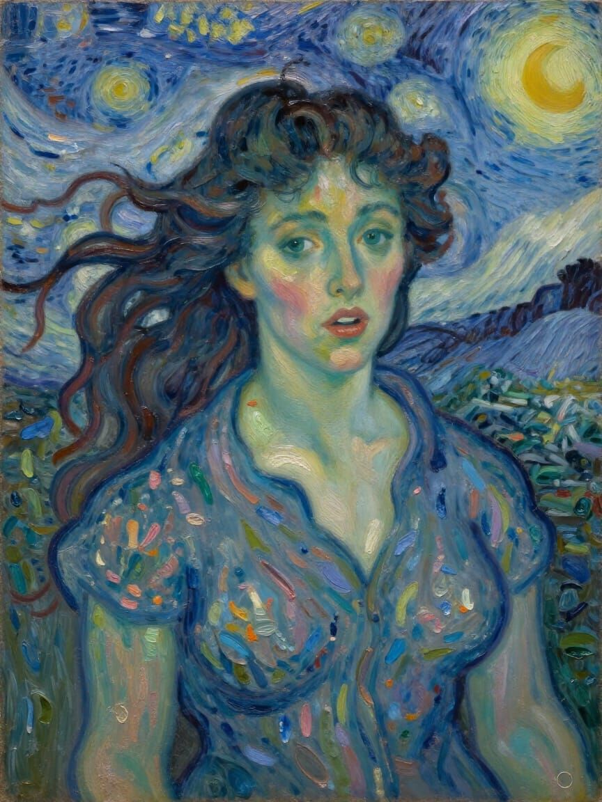 Surprised Woman Gazing Outward in Neo-Impressionist Style