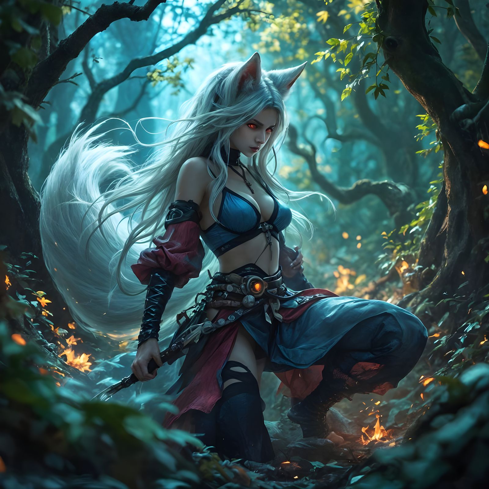 Beautiful Nine-Tailed Fox Ninja in Mystical Forest