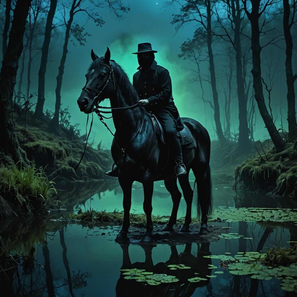 Surreal Horseman in Forest at Midnight