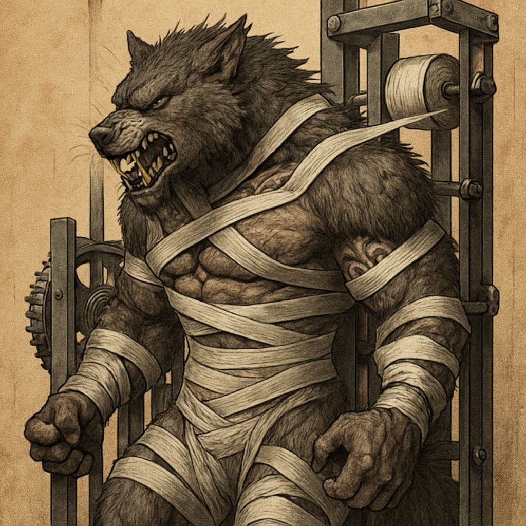 Trapped Furry Wolf Beastman in Mummy Cloth