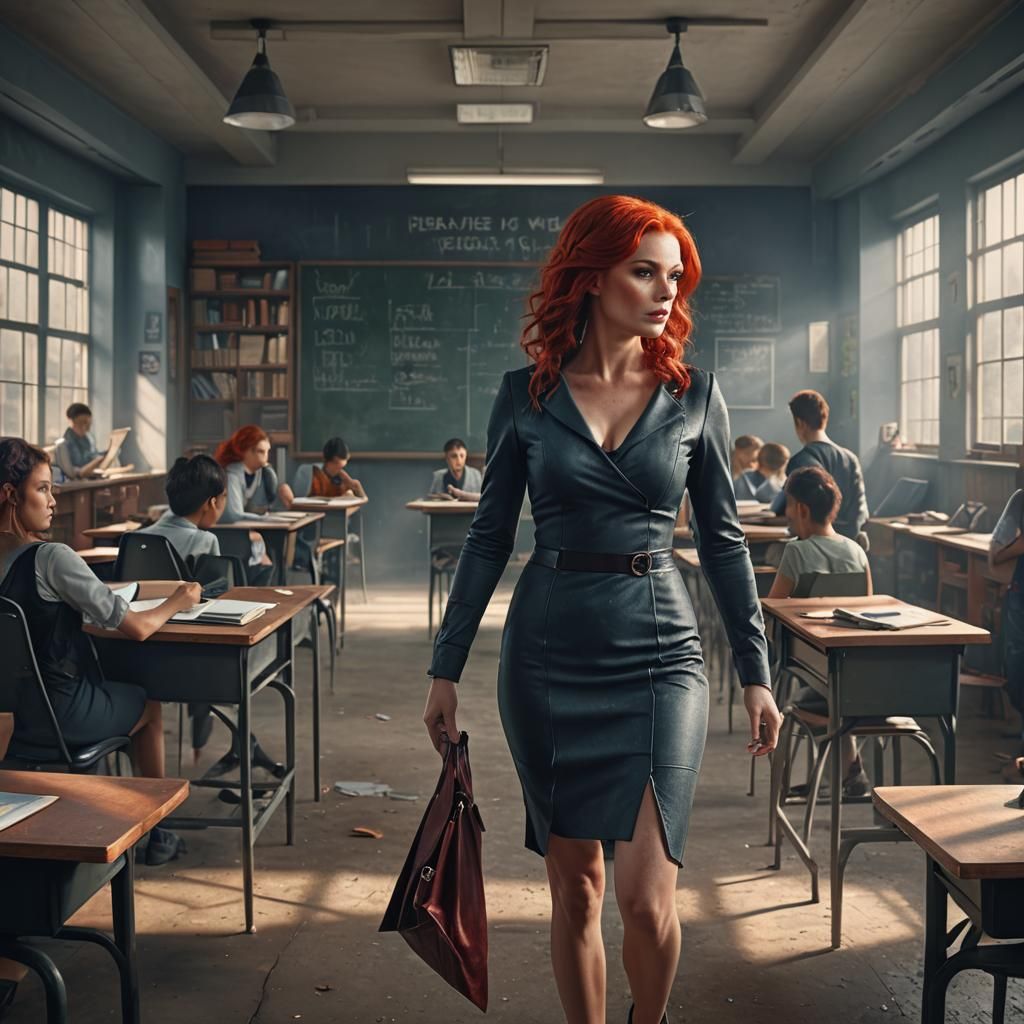 beutiful modern woman tracher with bright red hair  woman ve...