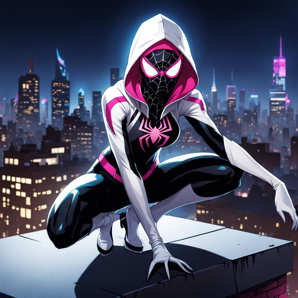 Spider Gwen Crouching on Rooftop at Night