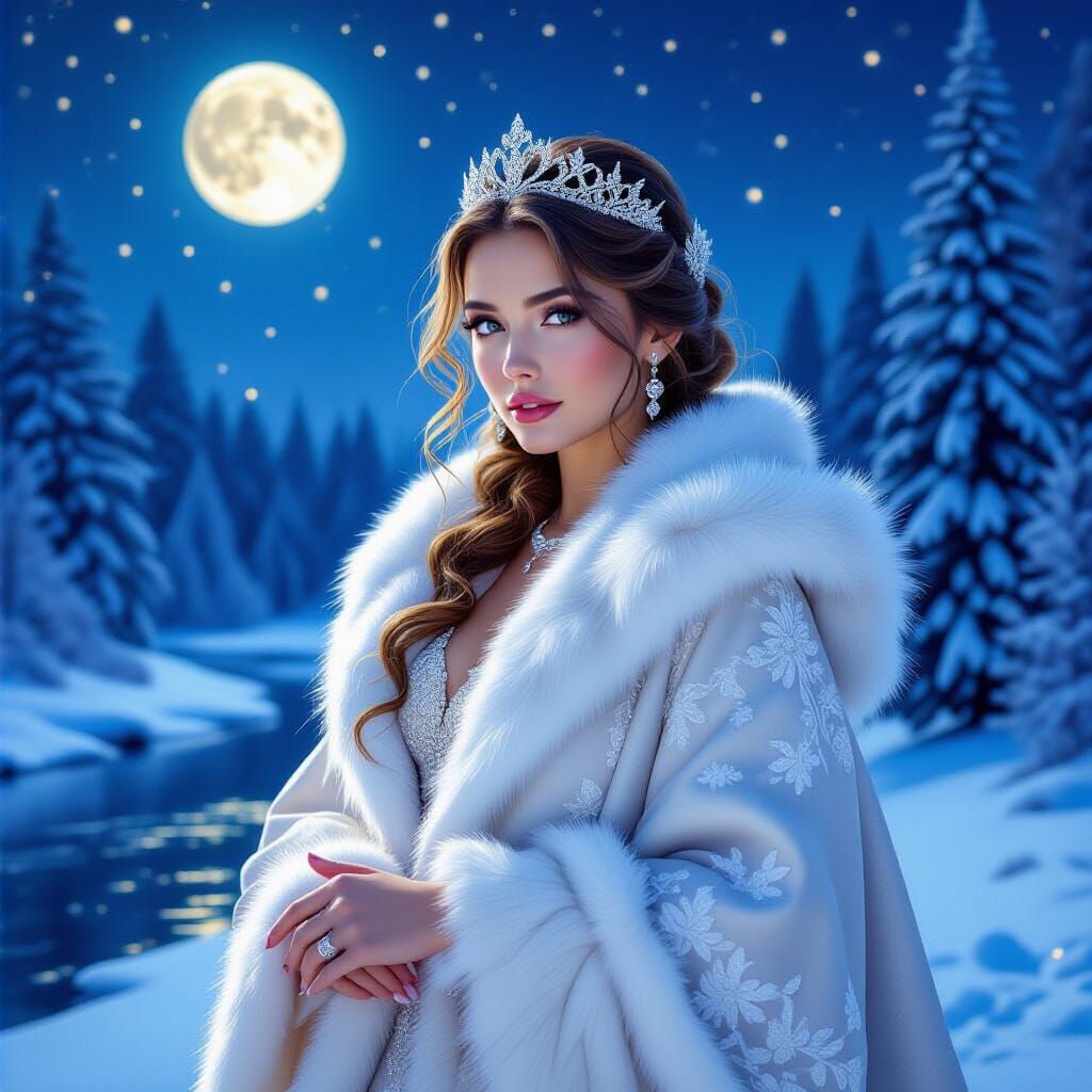 Winter Maiden in Luxurious Fur Coat and Tiara