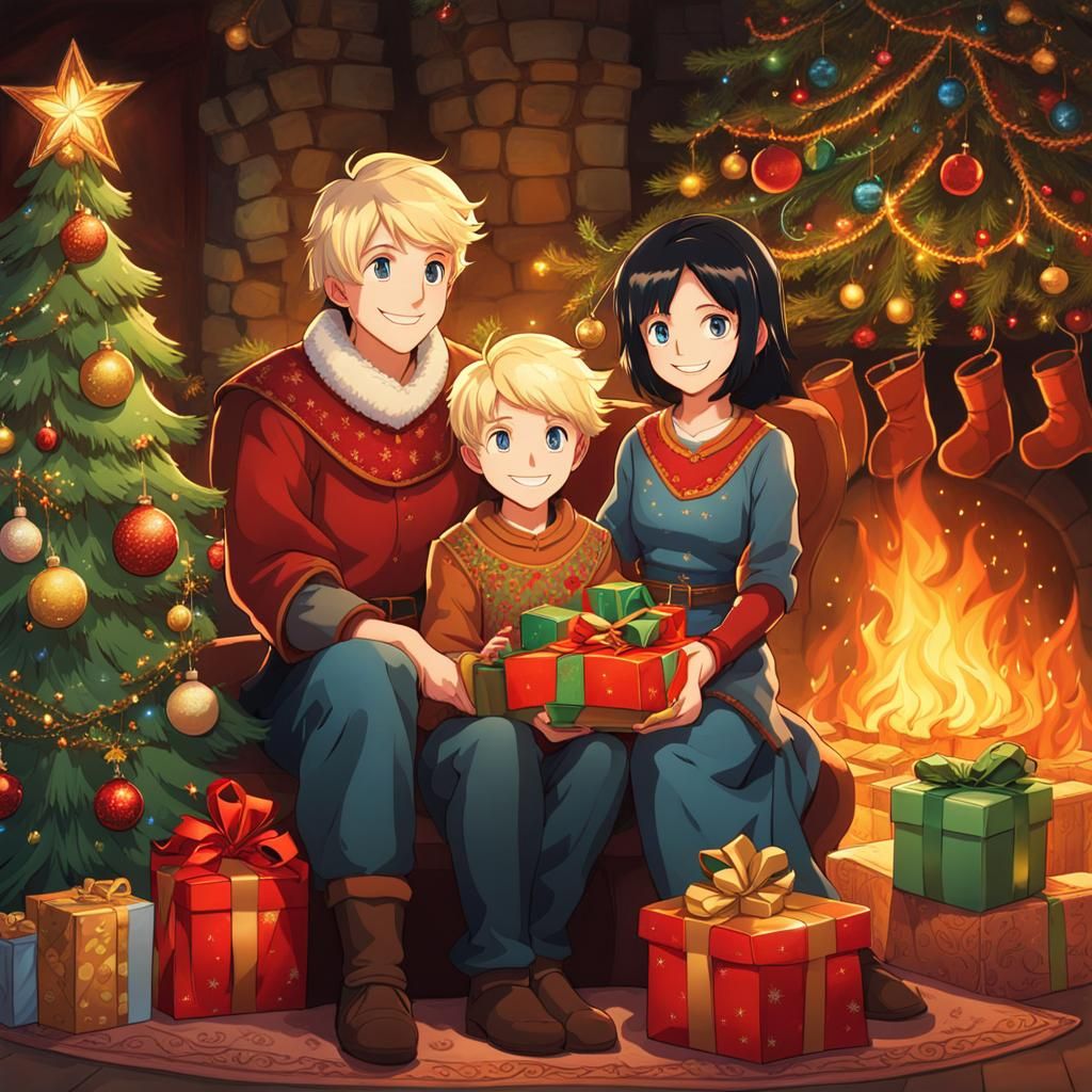 Cheerful Family Christmas in Anime Style
