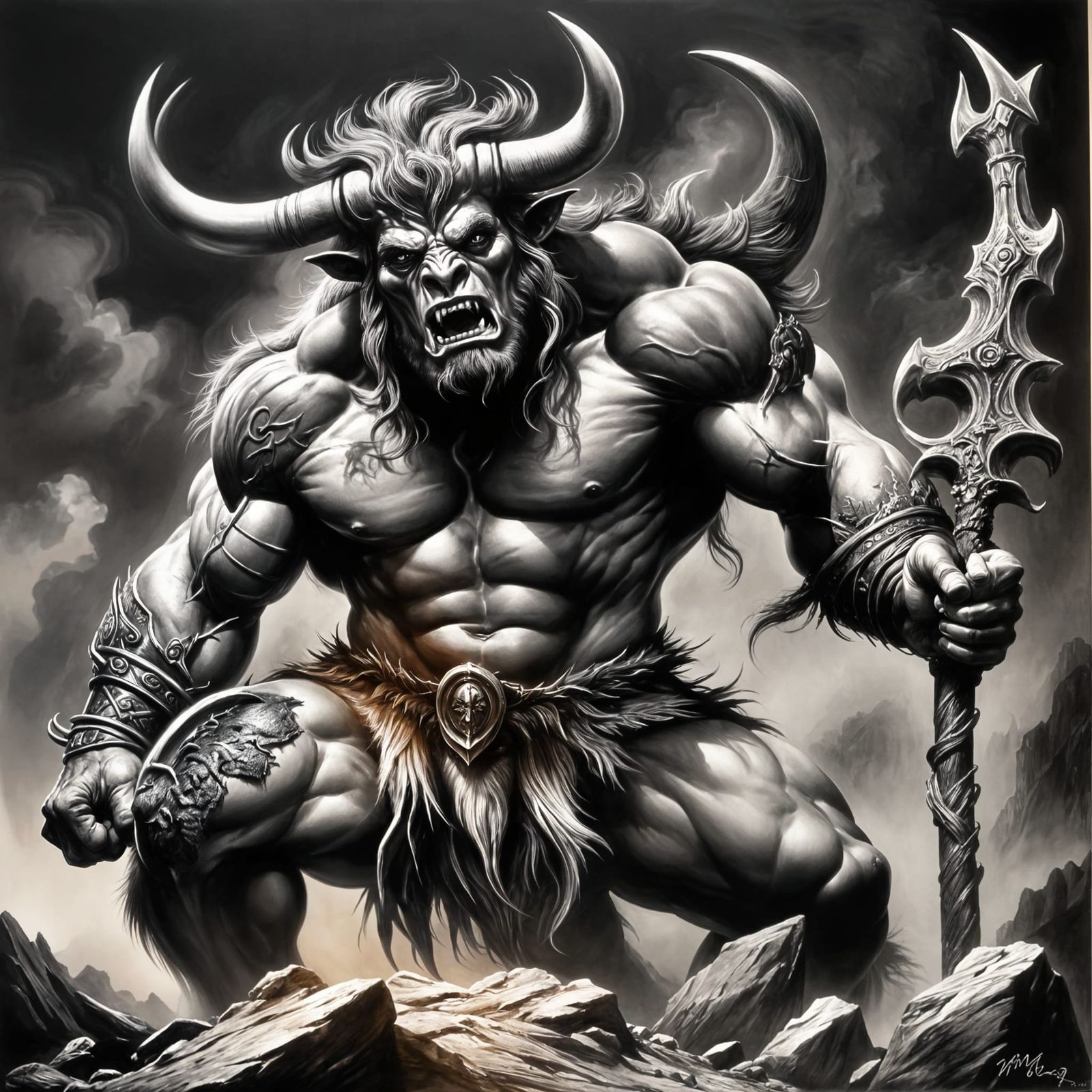 Minotaur in Dark Fantasy as Charcoal Drawing