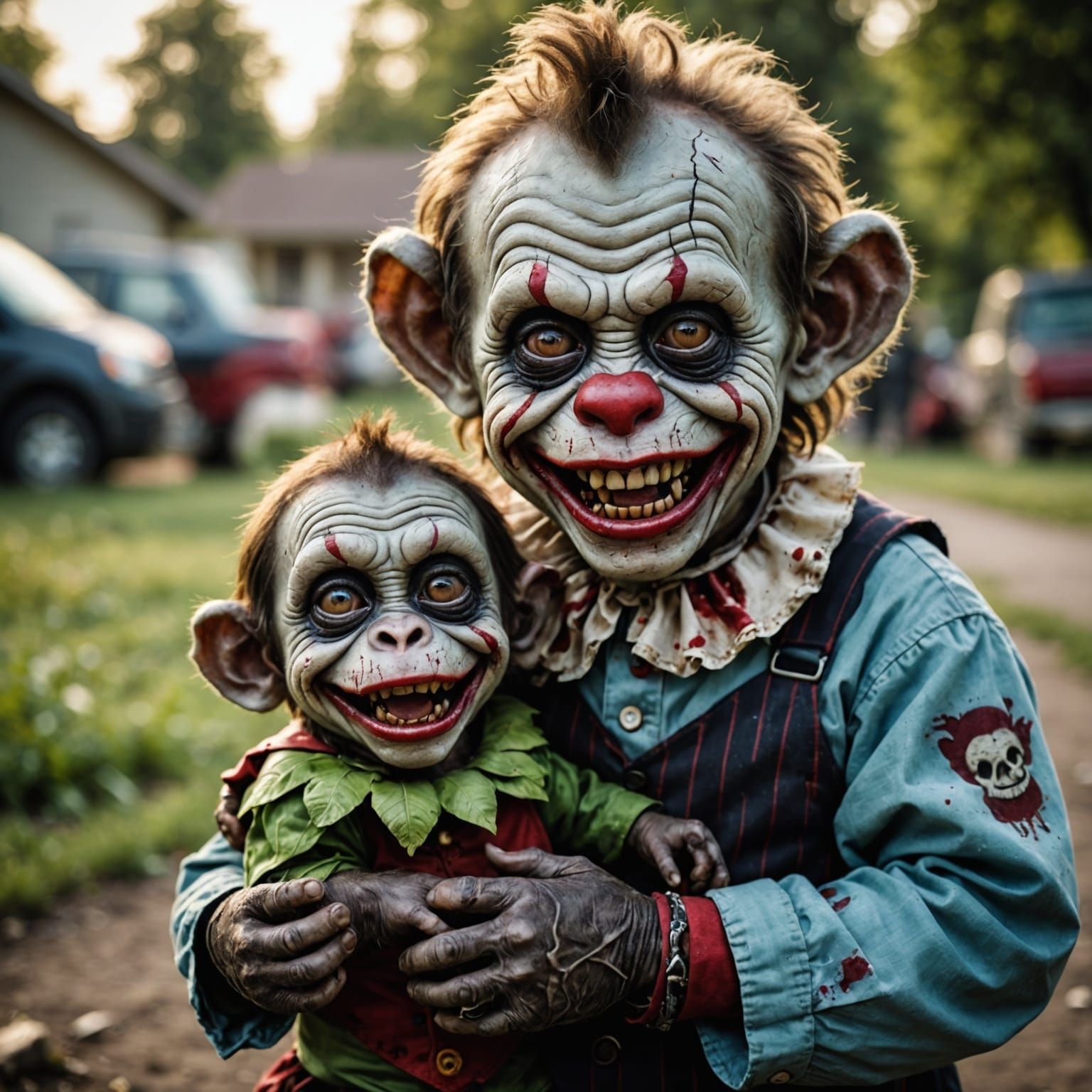Hyperrealistic Zombie Clown Toddler with Zombie Monkey