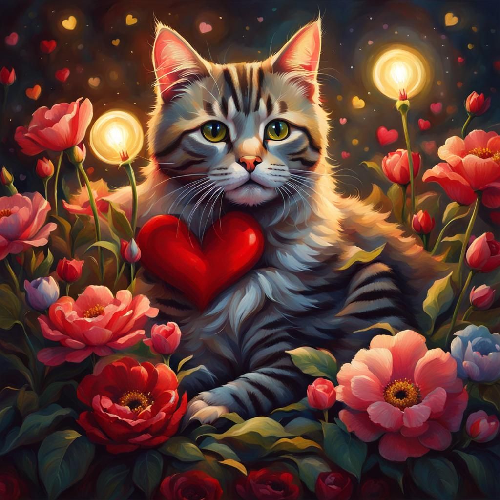 Cute Cat Surrounded by Flowers in Fantasy Style