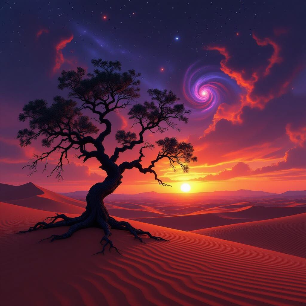 Ancient Tree Under Binary Sunset in Alien Desert