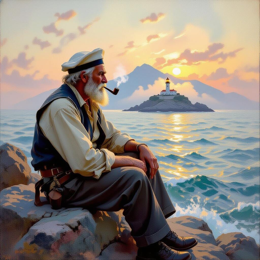 Nostalgic Seascape with Sailor in Oil Painting Style