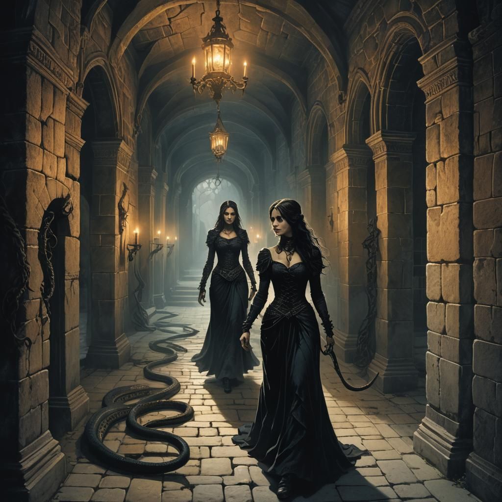 Serpent Woman in Haunted Manor: Gothic Illustration