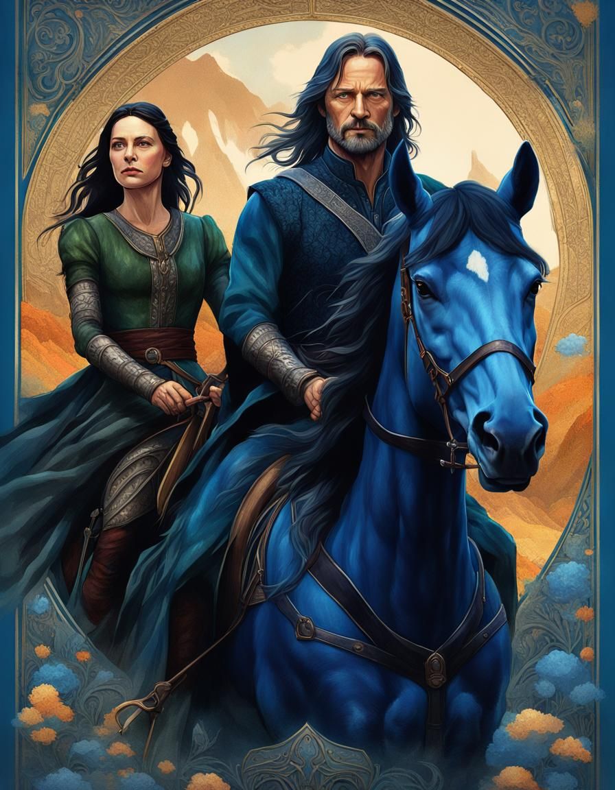 Aragorn and Arwen Ride in Fantasy Landscape