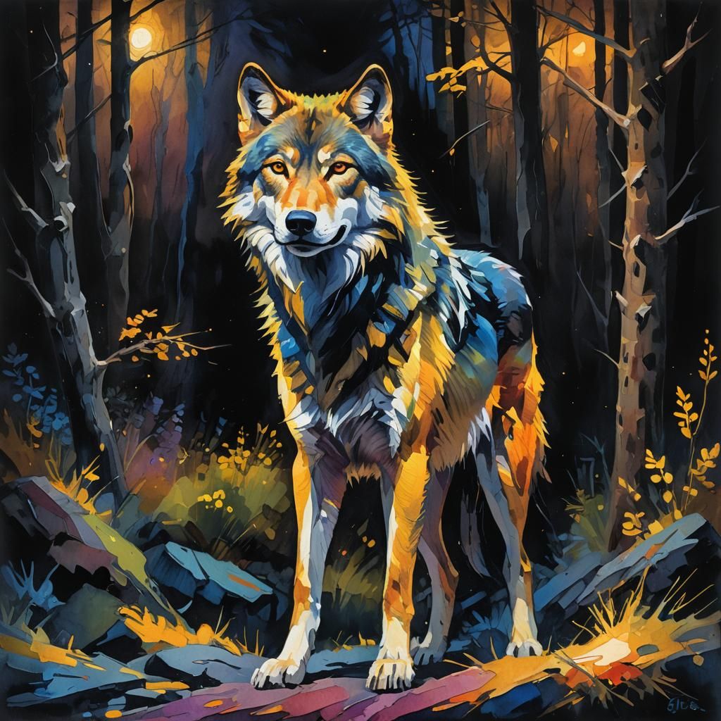 Glowing Wolf in Darkness: An Impressionist Gouache Painting