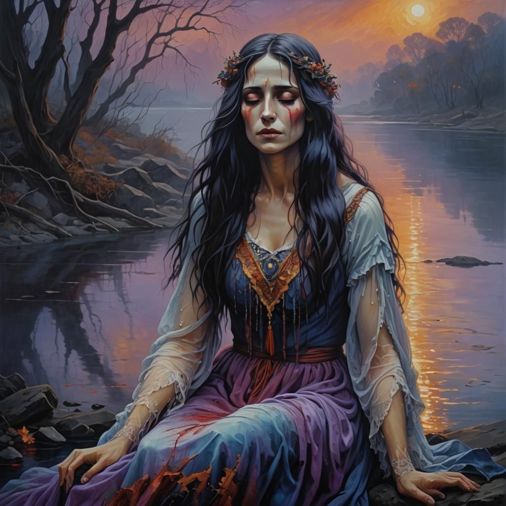 La Llorona Weeping by Misty River in Surreal Oil Painting