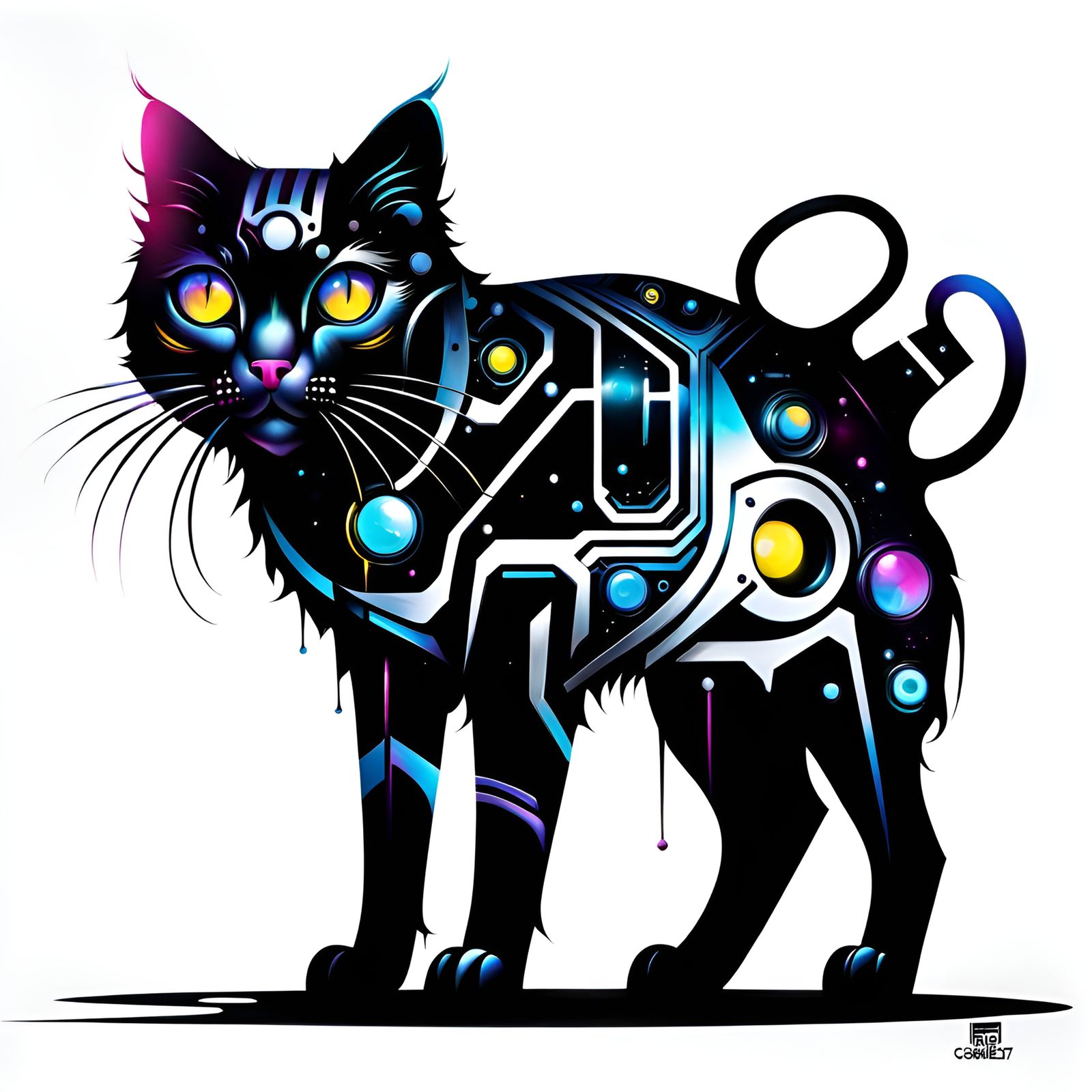 Metallic Robotic Cat in Graffiti Street Art Style
