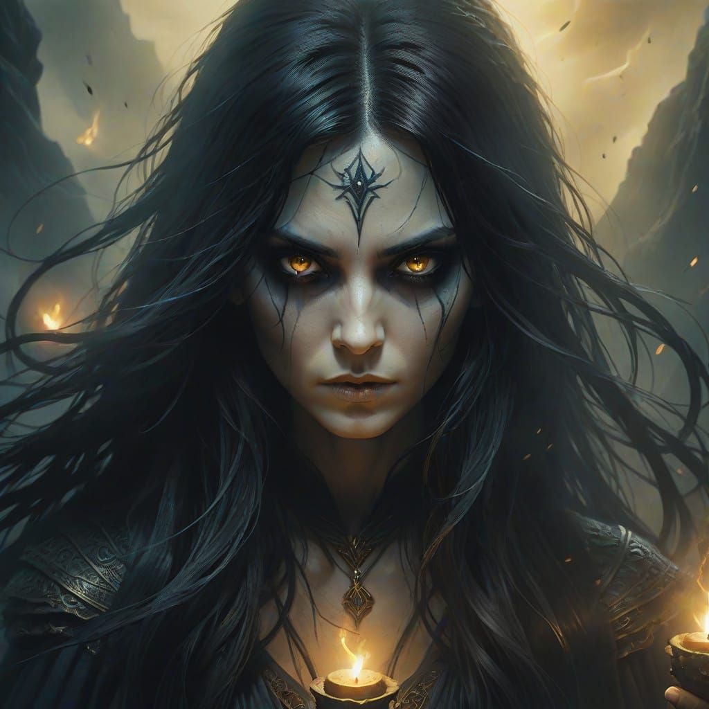 Evil Sorceress Casting Spell in Dark Fantasy Style