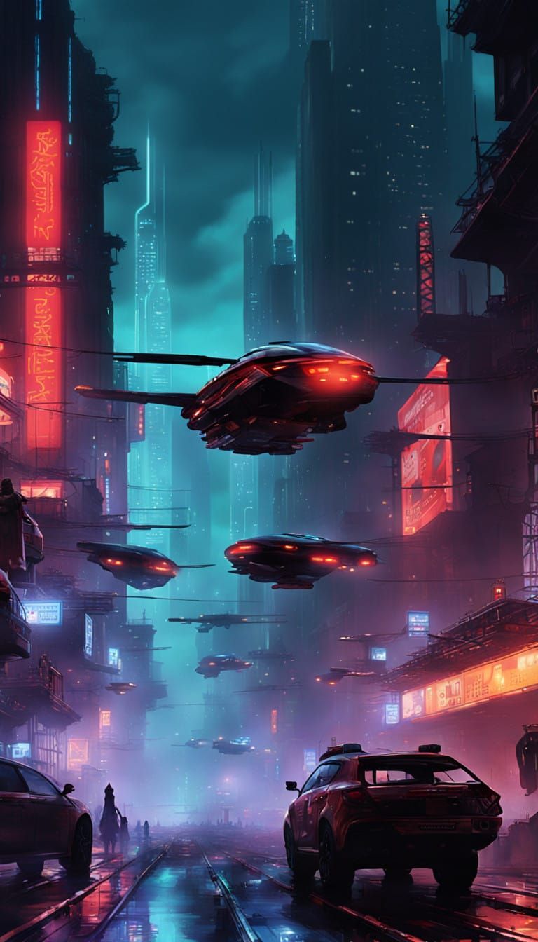 Cyberpunk Cityscape at Night in a Futuristic Dystopian Metro...