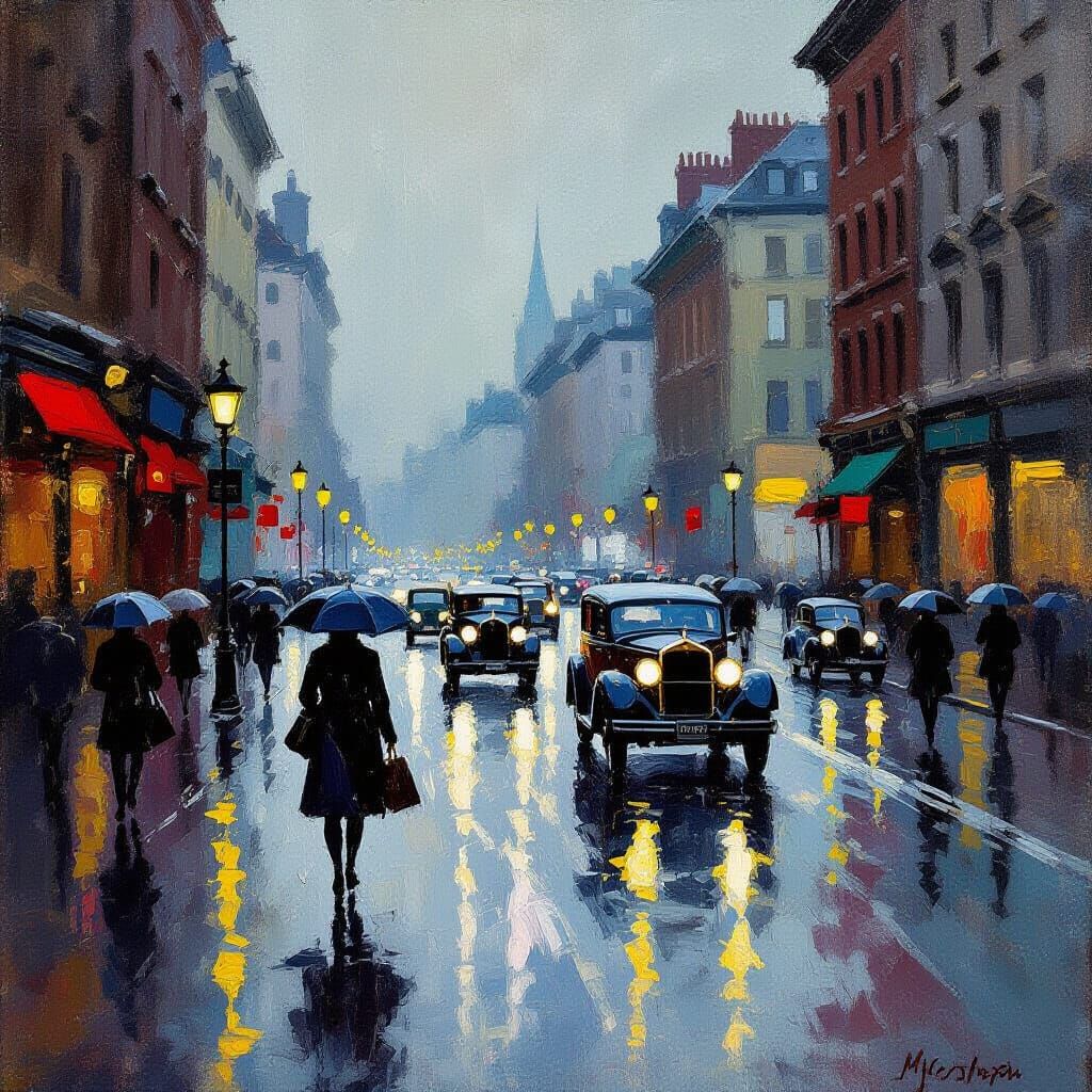 Rainy City Street Scene in Impressionist Style