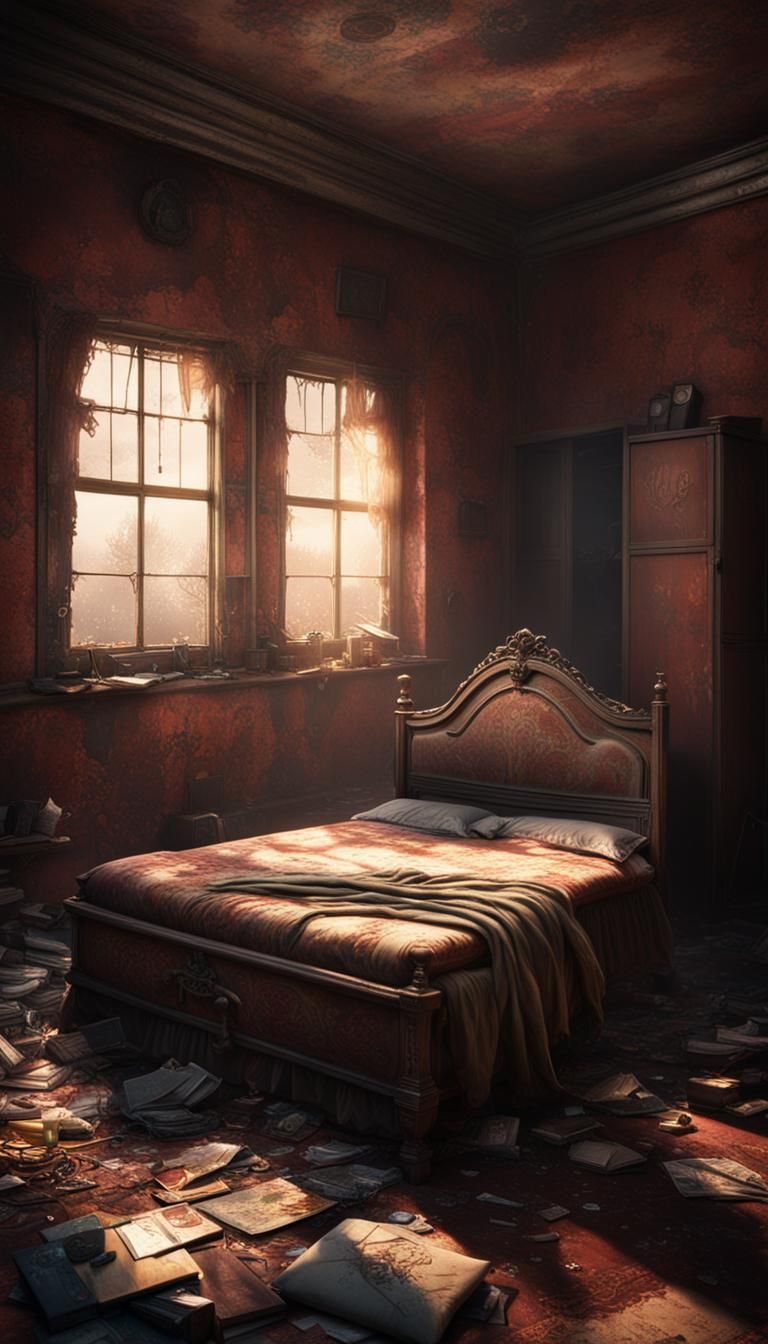 Creepy Abandoned Bedroom with Glowing TV in Digital Art