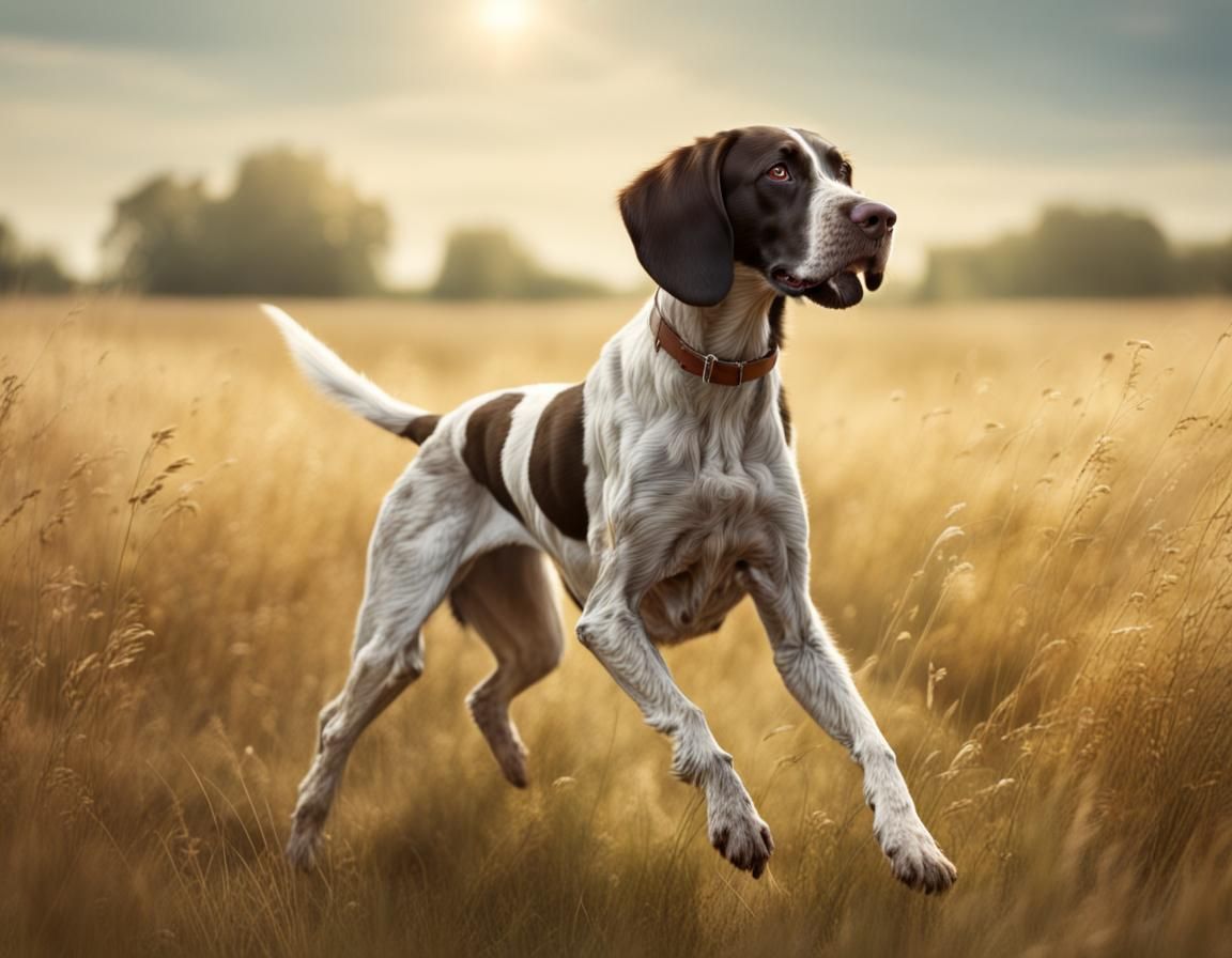 Griffon Pointer Dog Playing in Summer Fields