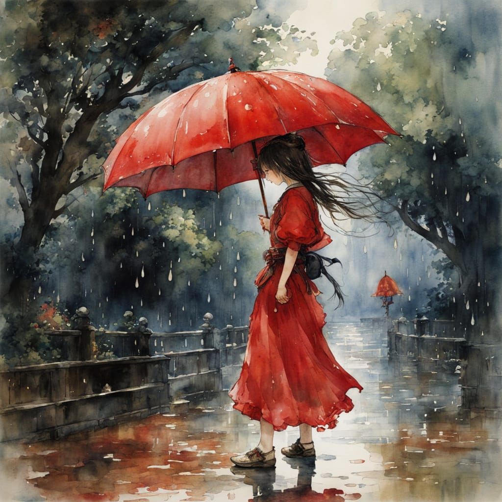 Anime Girl with Red Umbrella in Rainy Summer